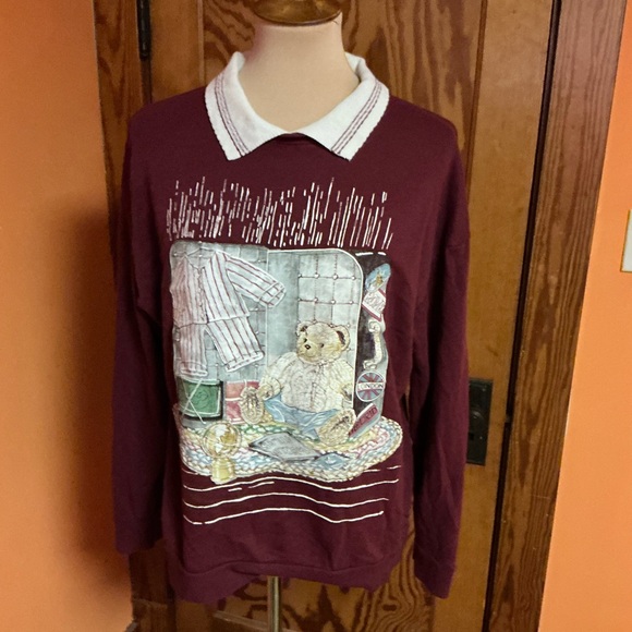 Vintage Teddy Bear Graphic Collared Sweatshirt Burgundy Cottagecore Top - Picture 9 of 12